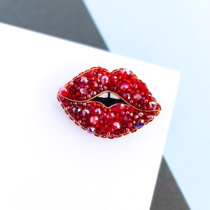 Embroidered lips brooch red mouth pin hot lips beaded brooch unique gift for her