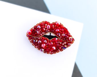 Embroidered lips brooch red mouth pin hot lips beaded brooch unique gift for her