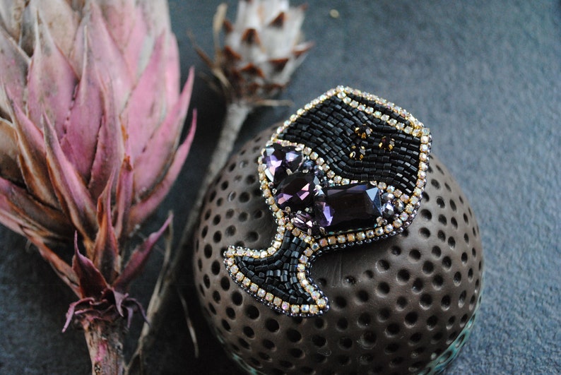 Beaded glass brooch wine lover gift purple wine pin glass jewelry handmade brooch embroidered wine glass gift for her rhinestones jewelry image 6