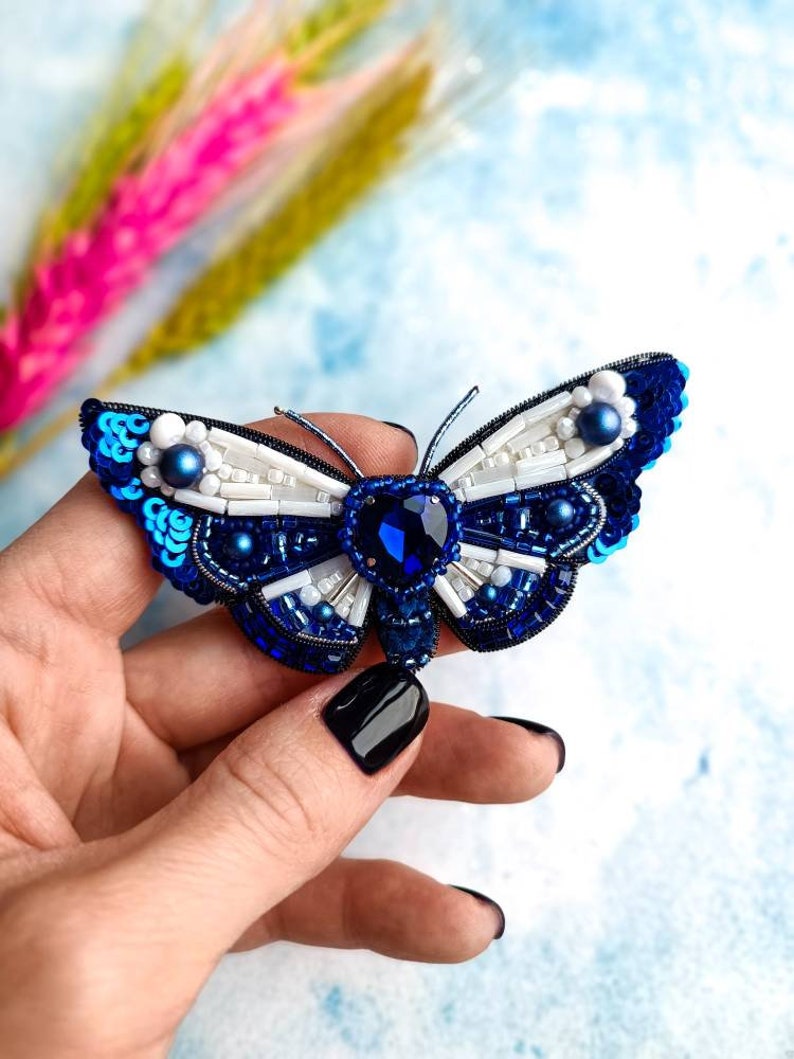 Beaded moth brooch embroidered insect pin butterfly jewelry handmade gift for her unique jewelry embroidered art Made in Ukraine image 1