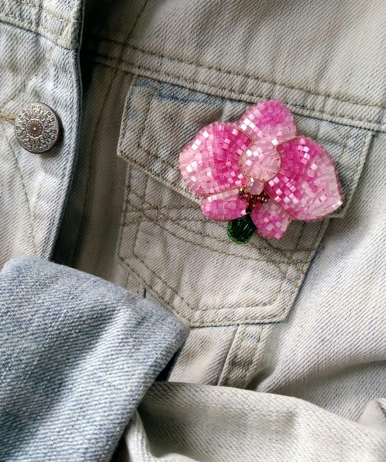 Beaded orchid flower brooch seed beads pin beaded floral jewelry pink flower brooch embroidered orchid jewelry best gift for her