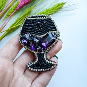 Beaded glass brooch wine lover gift purple wine pin glass jewelry handmade brooch embroidered wine glass gift for her rhinestones jewelry image 2