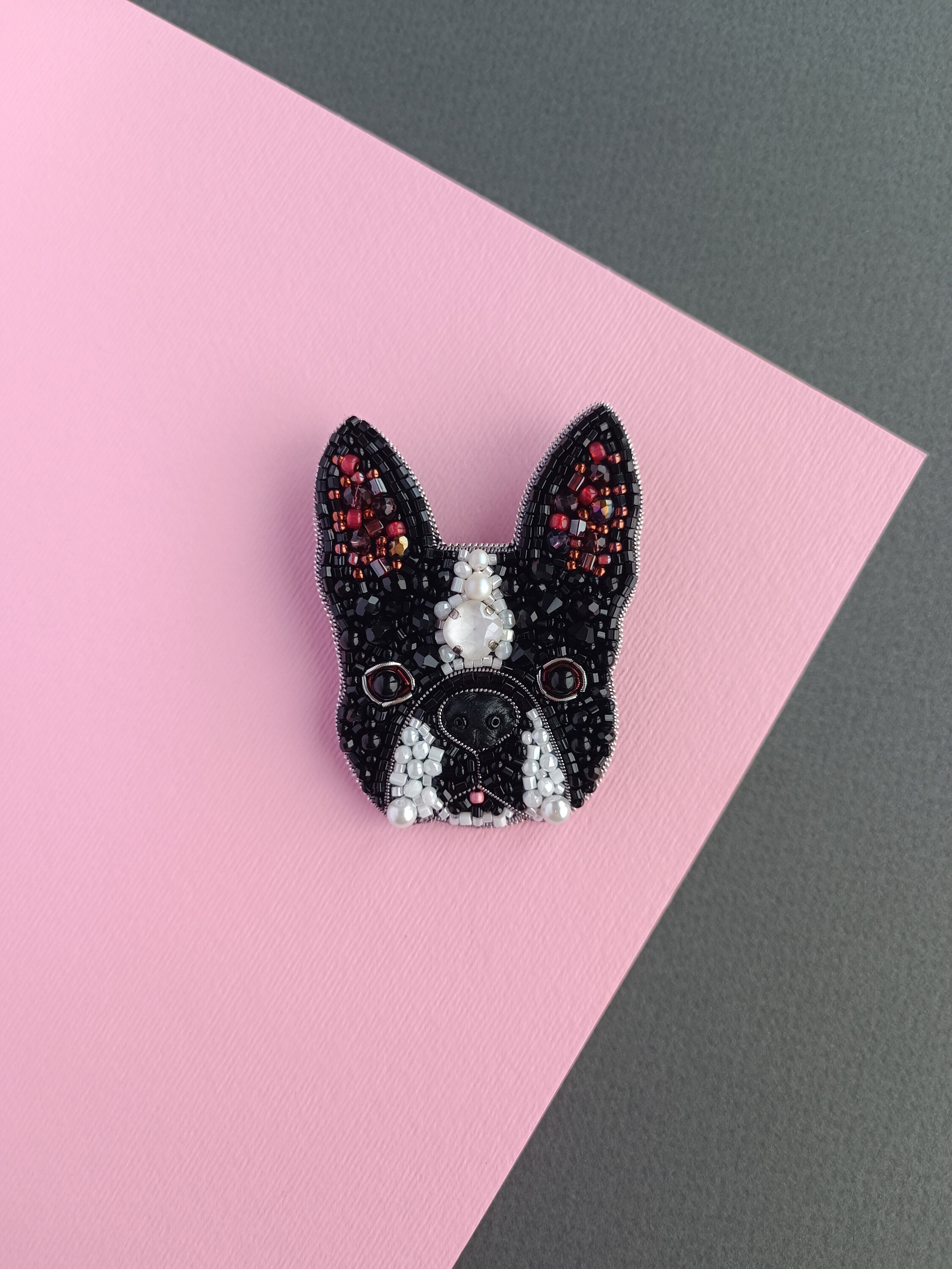 Embroidered french bulldog pin beaded dog brooch dog lover gift unique jewelry handmade in Ukraine - Thumbnail 2
