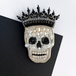 Embroidered skull pin beaded skull brooch handmade in Ukraine
