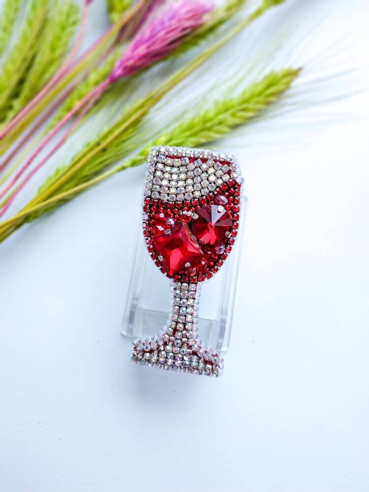 Beaded glass brooch red, wine lover gift, wine jewelry, red wine, glass pin - Thumbnail 7