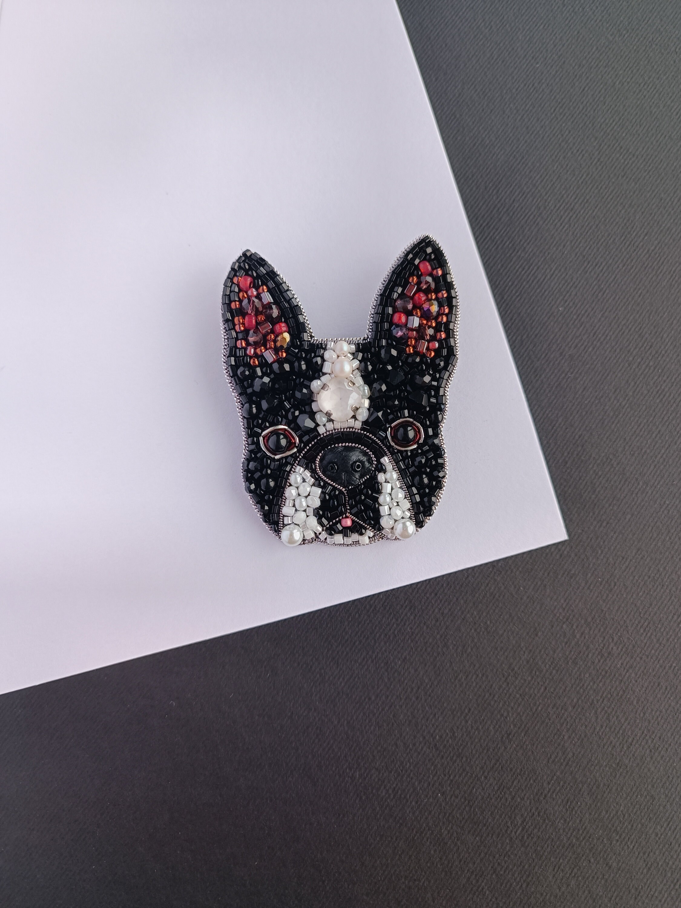 Embroidered french bulldog pin beaded dog brooch dog lover gift unique jewelry handmade in Ukraine - Thumbnail 6