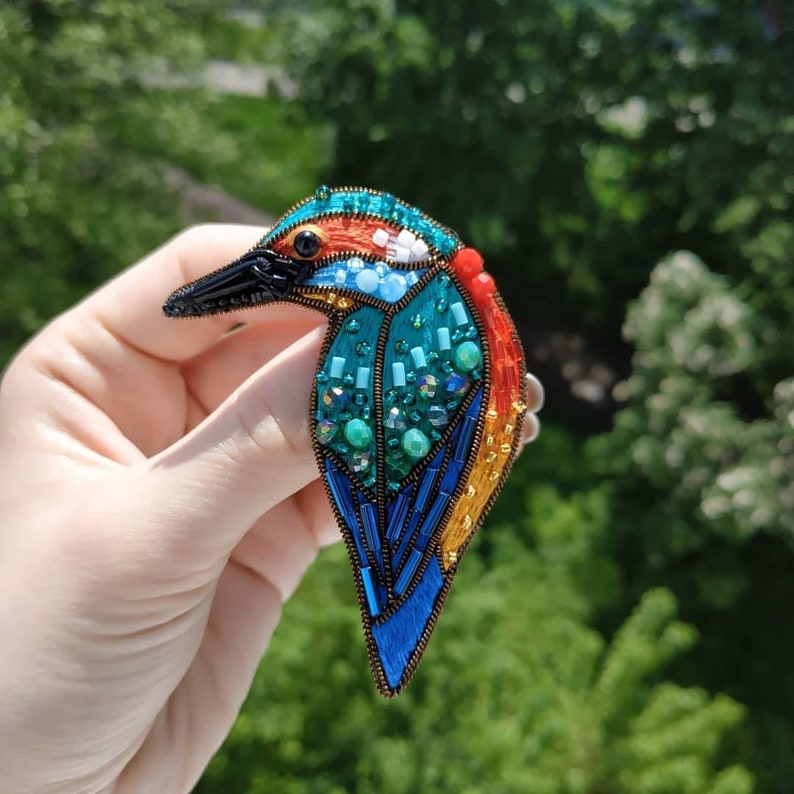 Bird brooch embroidered with beads and cotton threads bird pin kingfisher jewelry handmade Christmas gift for her bird with seed beads image 8
