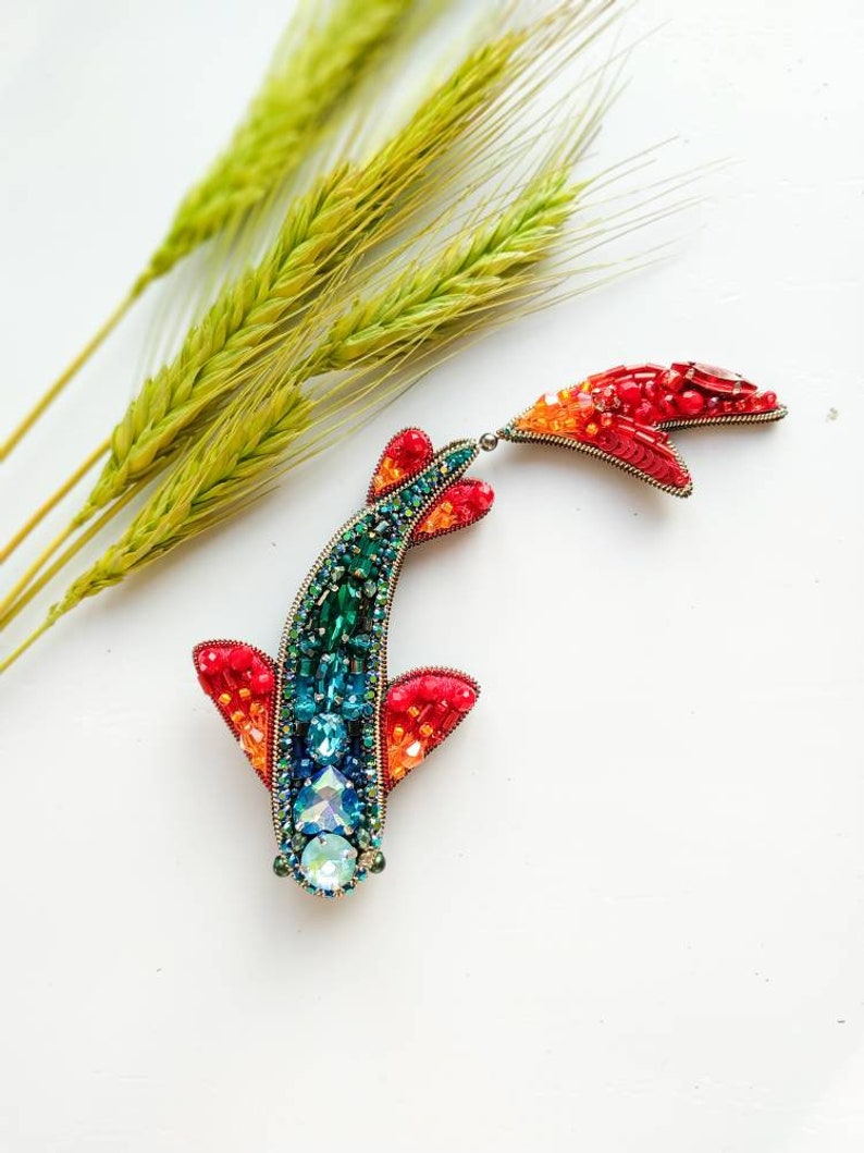 Beaded fish brooch, lapel pin, embroidered jewelry, gift for her, carp jewelry, fish jewelry, crystal brooch, unique gift, pisces Ukraine image 5