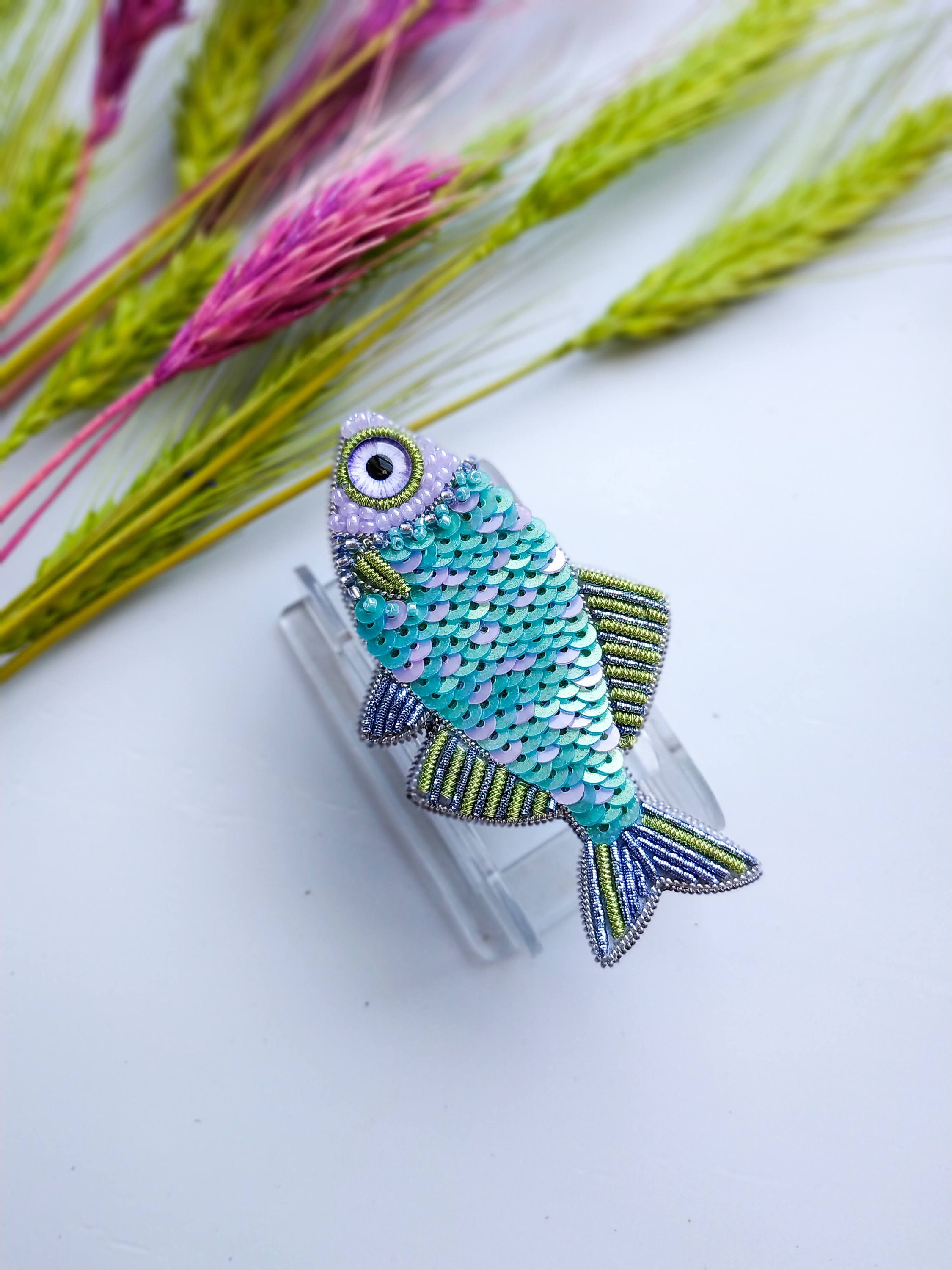 Embroidered sequins fish brooch beaded pin handmade gift for her fish lover gift pisces sign sequins jewelry seed beads and sequins brooch - Thumbnail 5