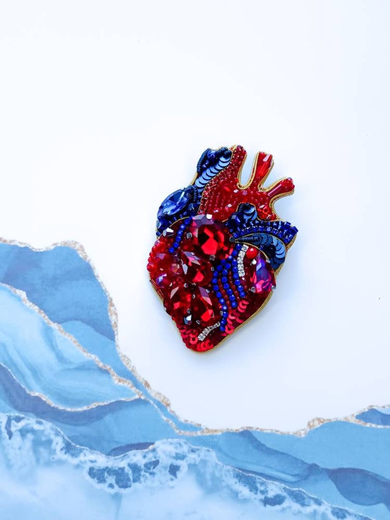 Embroidered anatomical heart brooch beaded brooch gift for her Ukrainian shop made in Ukraine handmade jewelry image 2