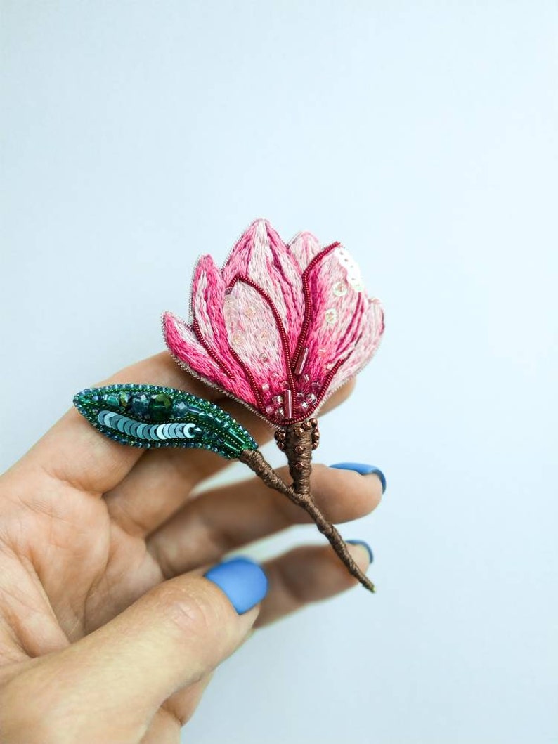 Embroidered magnolia flower brooch beaded floral pin handmade jewelry embroider art Christmas gift for her pink flower jewelry cotton brooch image 1