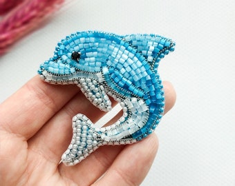 Beaded dolphin brooch blue pin embroidered fish jewelry dolphin pin gift for her animal jewelry