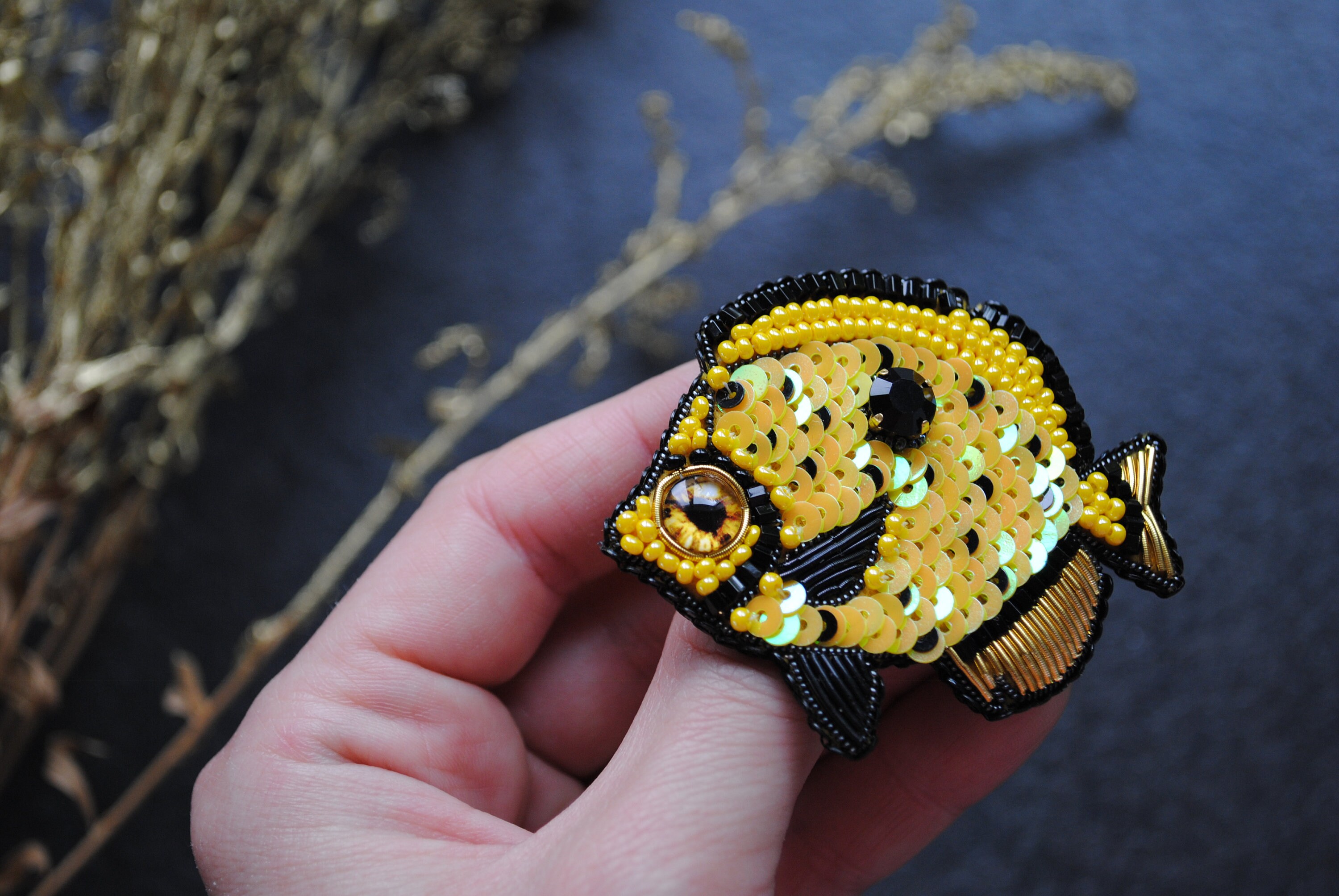 Beaded cichlid fish brooch lapel pin embroidered jewelry gift for her yellow fish jewelry fish jewelry sequins unique gift handmade pisces - Image 1