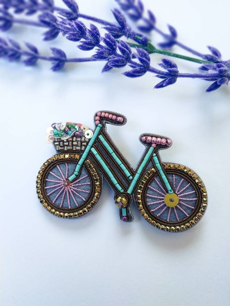Embroidered bicycle brooch bike rider pin bike lover gift beaded brooch for her unique jewelry pin Christmas gift handmade brooch - Thumbnail 7