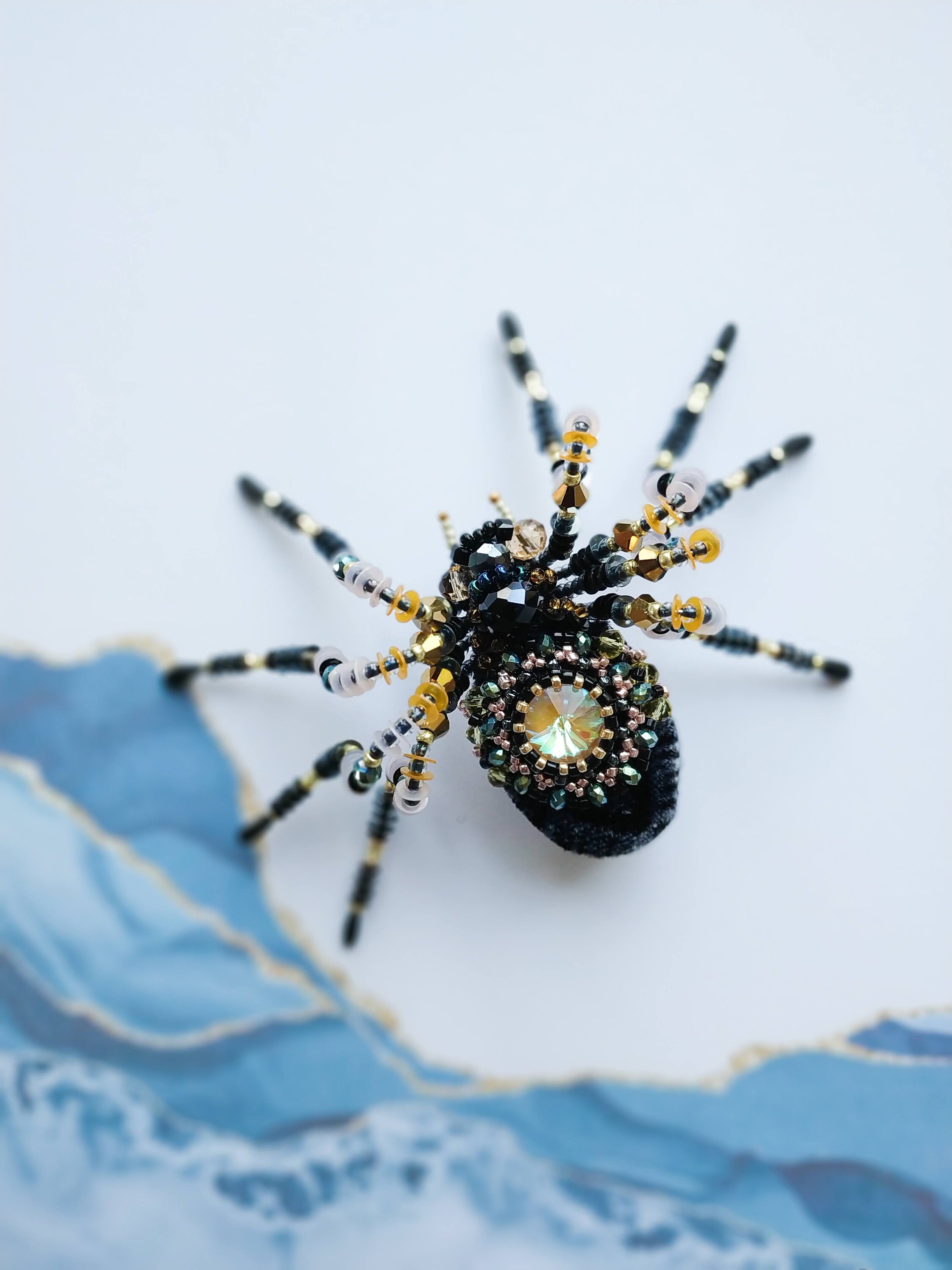 Embroidered spider brooch seed bead pin beaded handmade jewelry Halloween jewelry witch accessories black spider insect pin unique gift - Thumbnail 6
