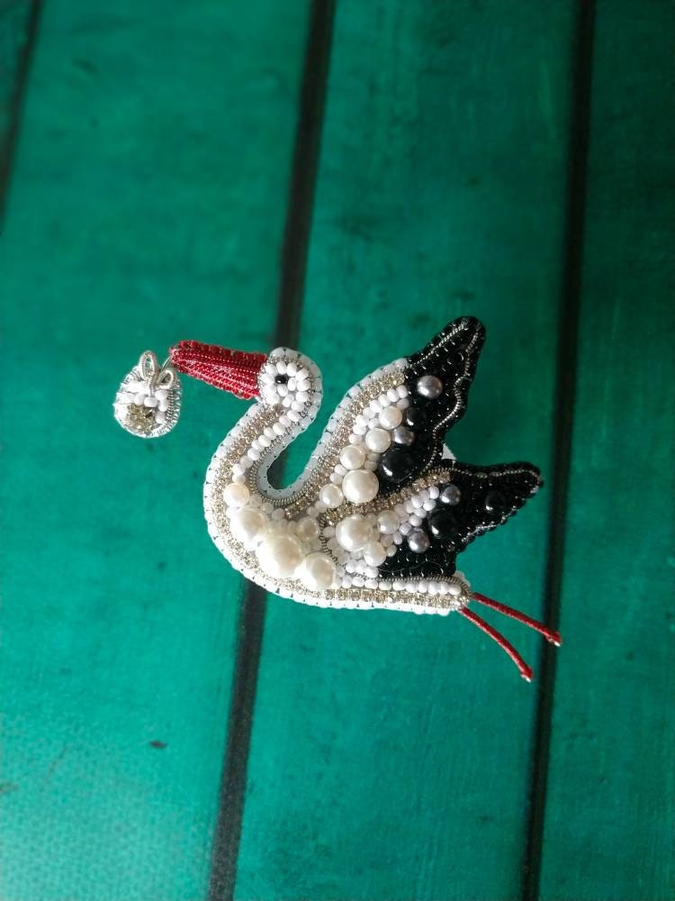 Beaded stork brooch embroidered white bird pin stork jewelry handmade pin unique gift stork lover jewelry gift for her - Thumbnail 7
