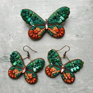 Parure de bijoux brodés composé d'une broche et de boucles d'oreilles, bijoux papillon boucles d'oreilles papillon vert épingle insecte image 6