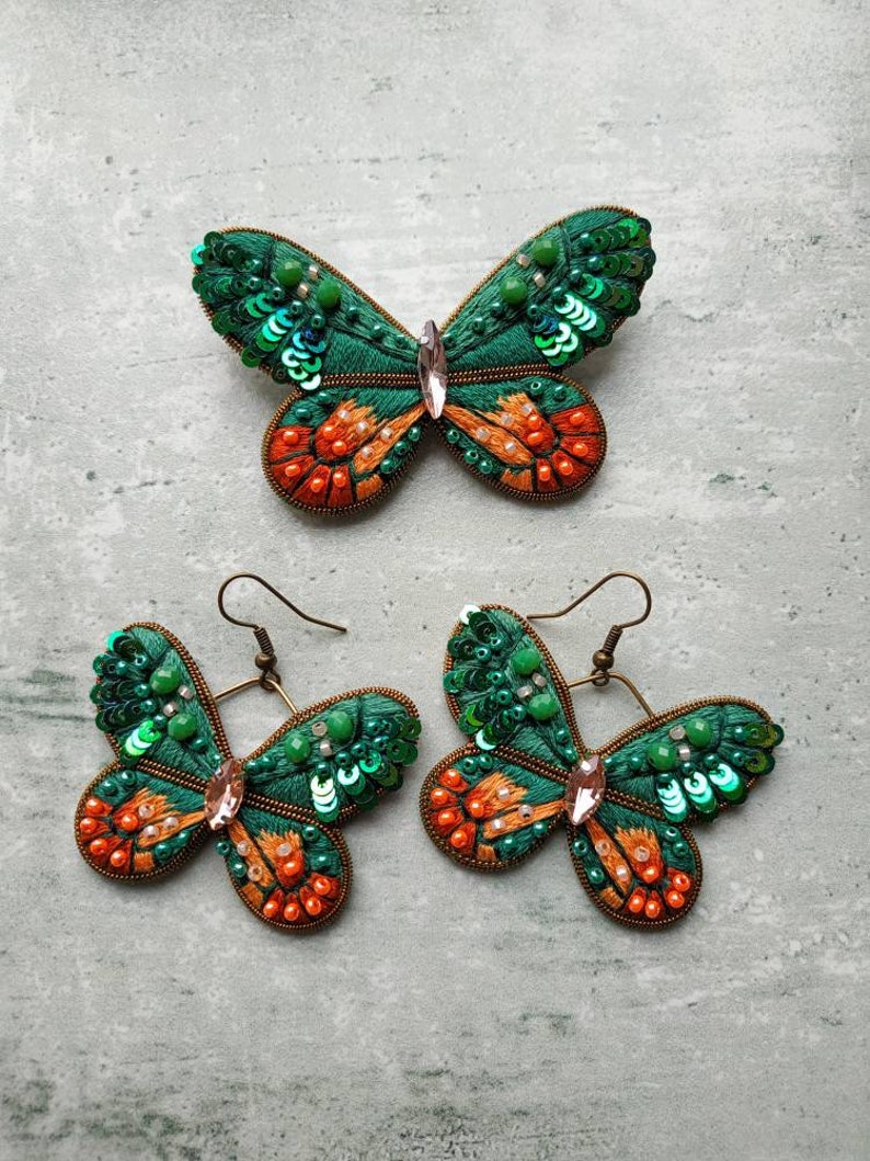Parure de bijoux brodés composé d'une broche et de boucles d'oreilles, bijoux papillon boucles d'oreilles papillon vert épingle insecte image 6