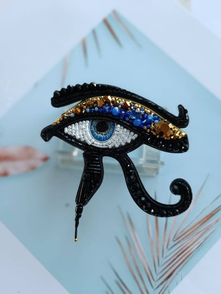 Embroidered Egyptian eye brooch evel eye pin handmade jewelry beaded brooch unique gift for her Ukrainian shop made in Ukraine - Thumbnail 2
