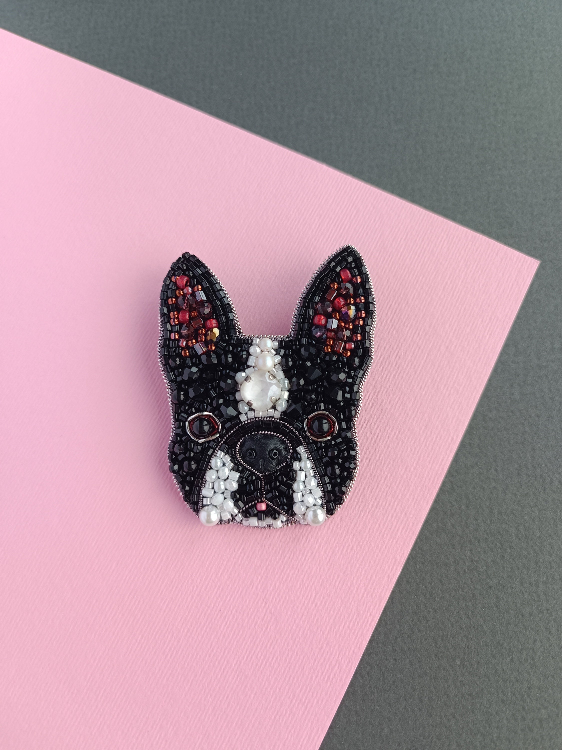Embroidered french bulldog pin beaded dog brooch dog lover gift unique jewelry handmade in Ukraine - Thumbnail 7