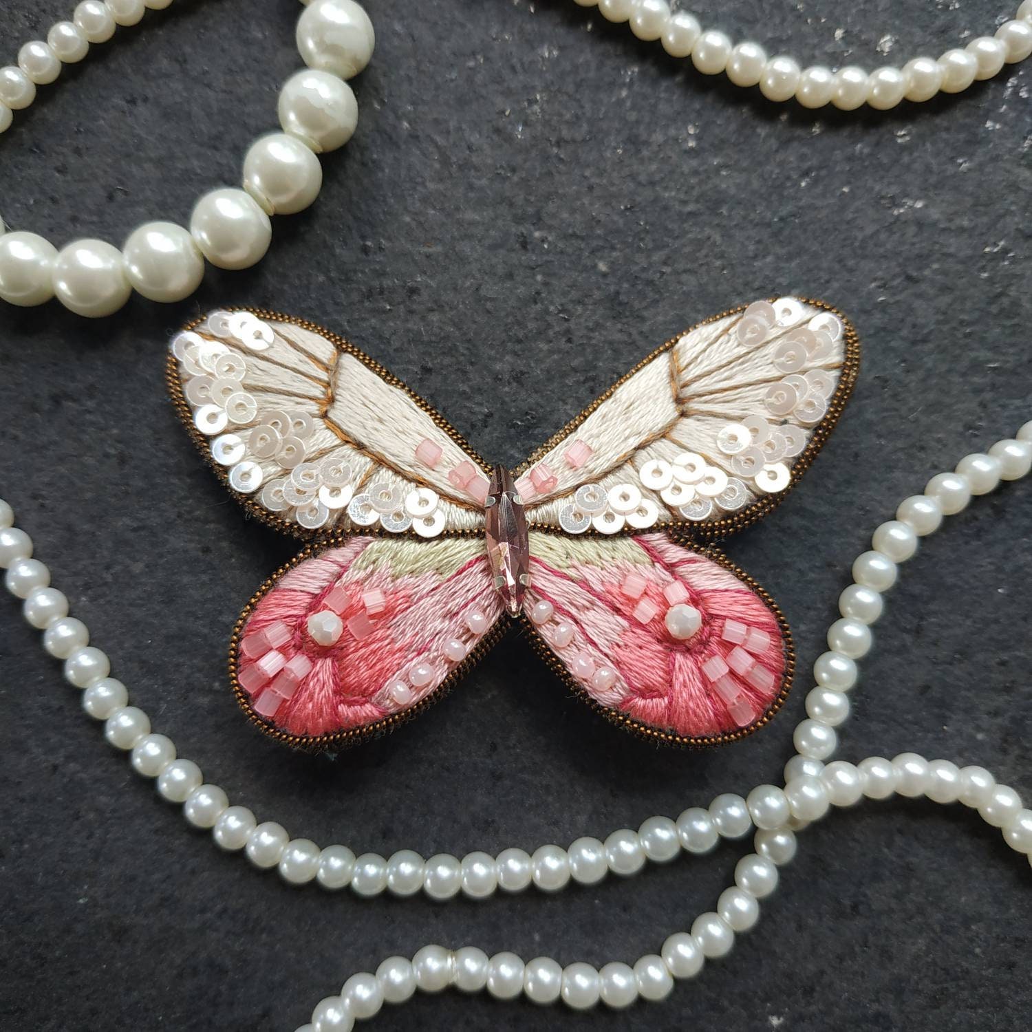 Embroidered butterfly brooch beaded pin moth seed beads jewelry pink handmade brooch with sequins gift for her - Thumbnail 6