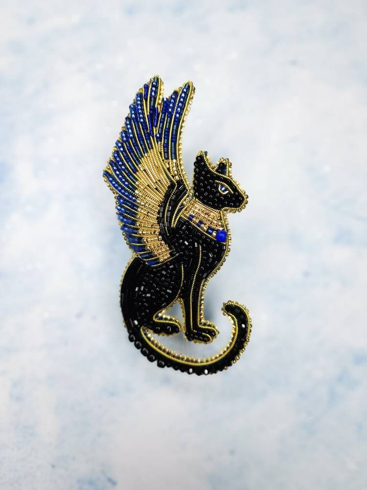 Beaded Bastet brooch egyptian god pin black cat jewelry flying cat unique gift for her made in Ukraine embroidered jewelry