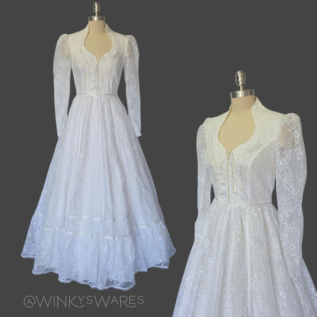 Gunne Sax Vintage 70s White Lace Maxi Dress Size S M 11 Prairie Wedding ...