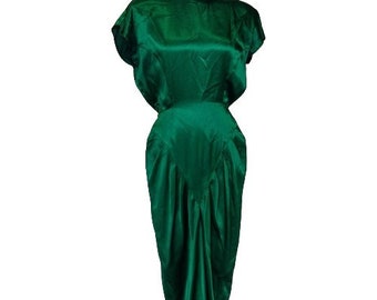 Vintage 80s Does 40s Emerald Green Dress Size 8 M Satin Open Back High Neck