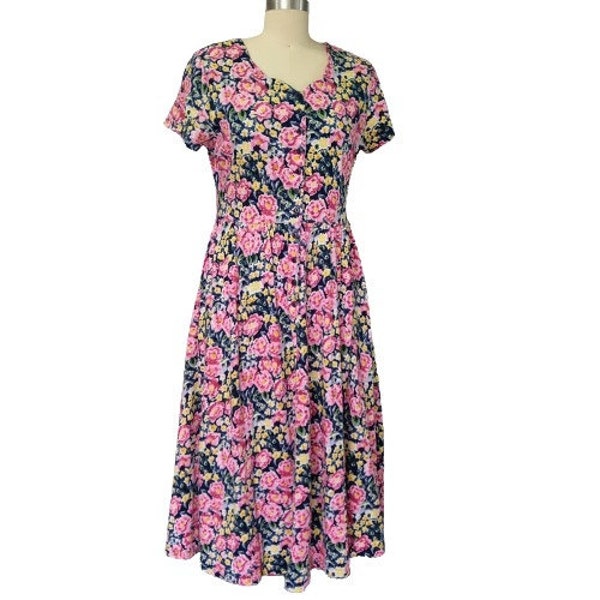 Vintage 90's Floral Midi Dress Size M Short Sleeve Pockets Cotton Grunge Buttons