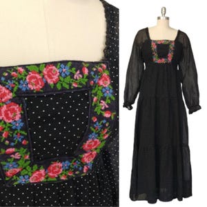 VTG 70s Prairie Maxi Dress Size S Black Polka Dot Embroidered Gunne Sax Style