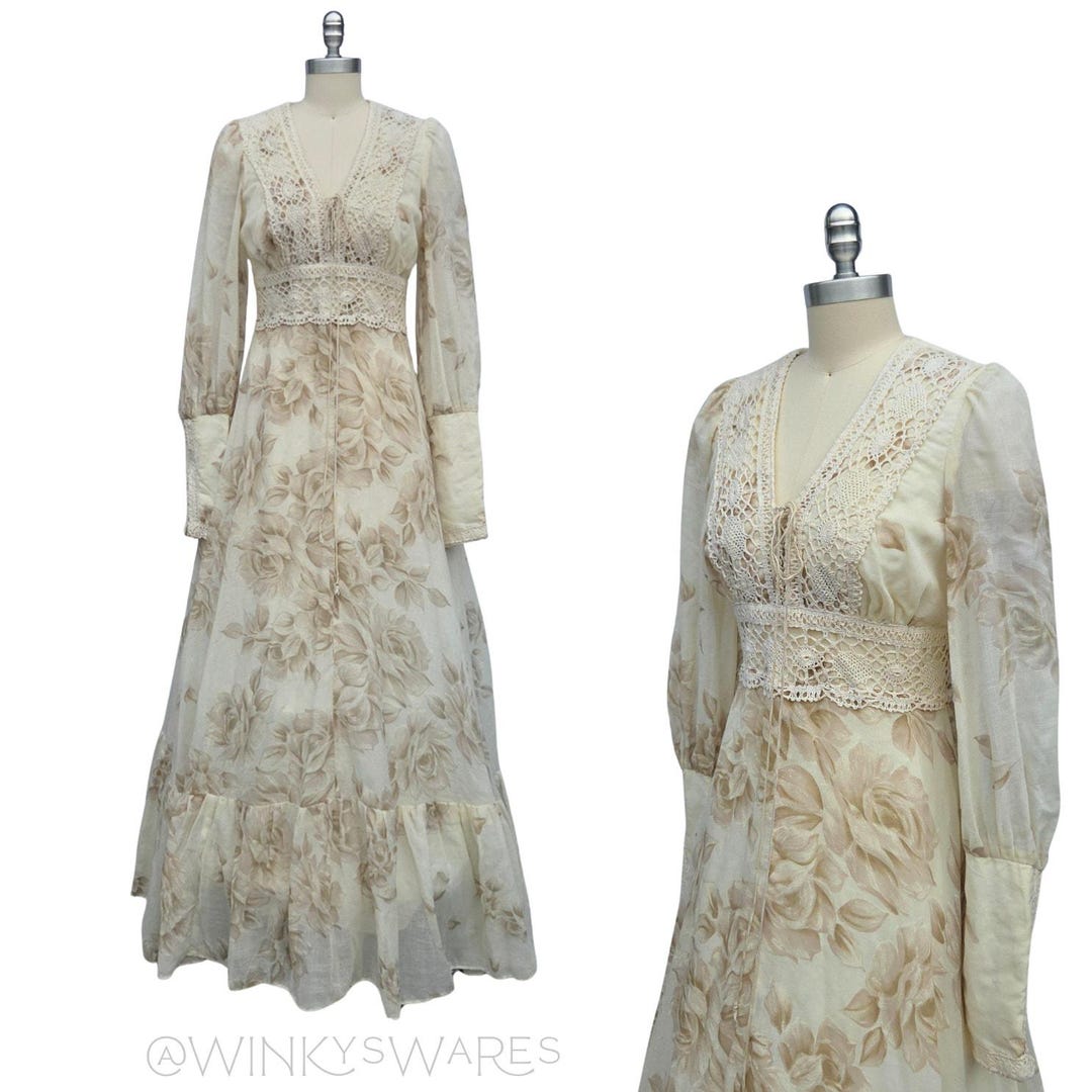Gunne Sax Vintage 70s Floral Maxi Dress Size 13 S Corset Crochet ...