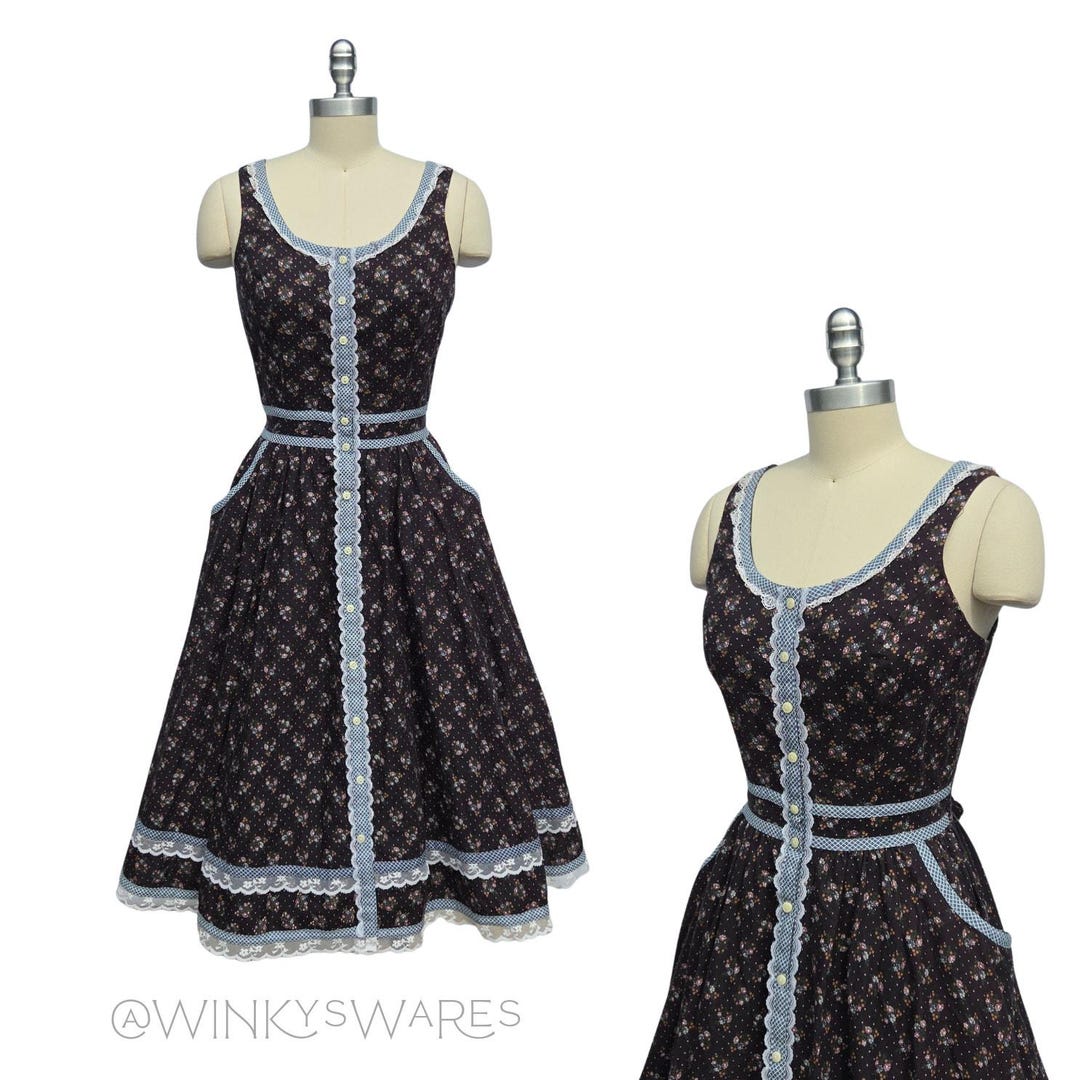Gunne Sax Vintage 70s Floral Midi Dress Size 9 S Button Prairie Calico ...