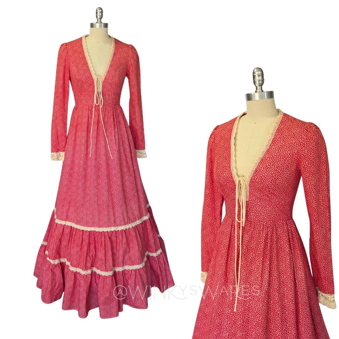 Gunne Sax Red Floral Corset Maxi Dress Size 9 Vintage 70s Prairie Lace ...