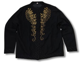 Vintage 50s Cardigan Sweater Size L Black Gold Beaded 1950s Pin Up Rockabilly