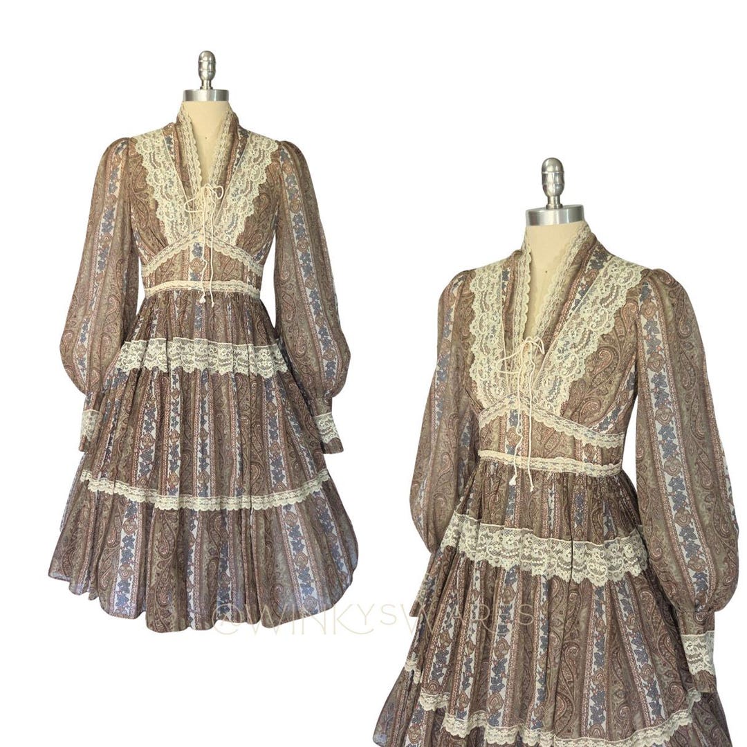 Gunne Sax Vintage 70s Corset Mini Dress Size 9 S Paisley Festival Lace ...