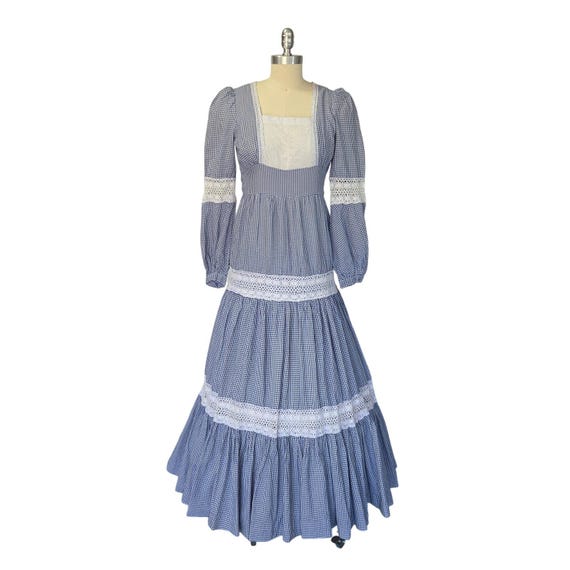 Gunne Sax Gingham Milkmaid Maxi Dress Size 11 S Navy Blue Prairie Tiered Lace