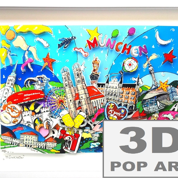München Bayern 3D pop art bild personalisierbar skyline gerahmt oktoberfest fine art limited edition bunt