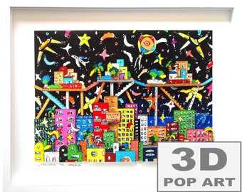 city colorful houses 3D pop art framed wall art shadow box  artwork fine art limited edition