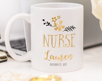 Personalised Nurse Mug: Custom Name and Date Floral Design Ceramic Coffee Cup