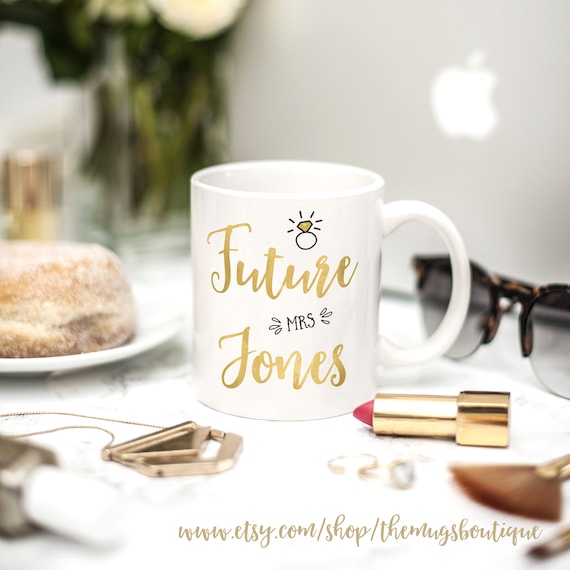 Future Mrs Mug: Personalised Name Ceramic Coffee Cup with Engagement Ring Design