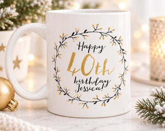40th Birthday Mug: Personalised Floral Coffee Cup with Custom Name