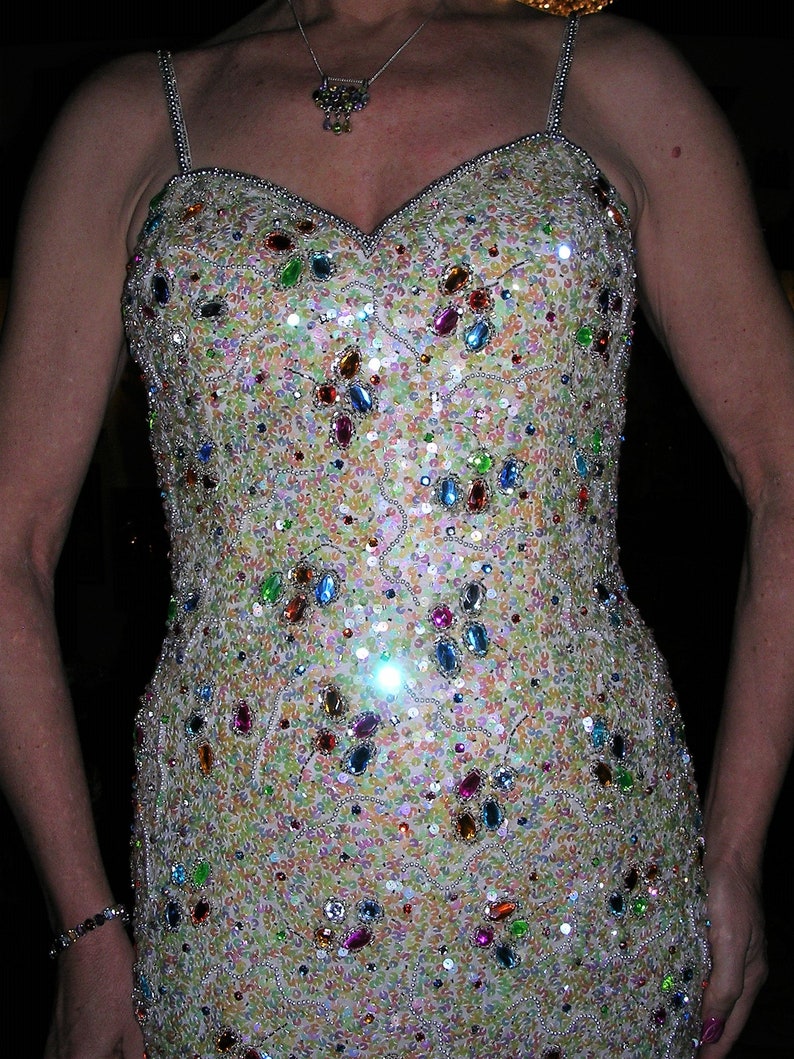 bag /& shawl SMALL Vintage 1980s cream sequin satin jewel embellished Monroe style wiggle dress by Oleg Cassini Black Tie matching shoes