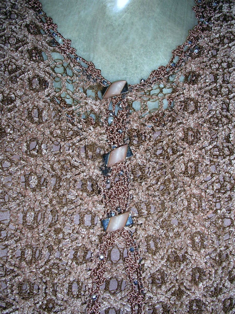ft Vintage 80/'s chocolate brown velvety crocheted /& beaded embellished stunning ladies twinset top + cardigan lovely buttons size: medium