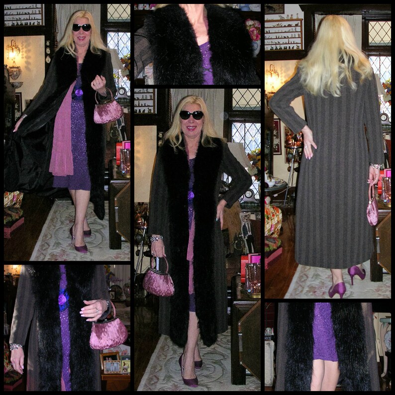 MEDIUM 12 Vintage 90/'s brown /& black chevron pattern velour satin lined stunning dress coat by Riki Nathan ft plush faux fur trims size