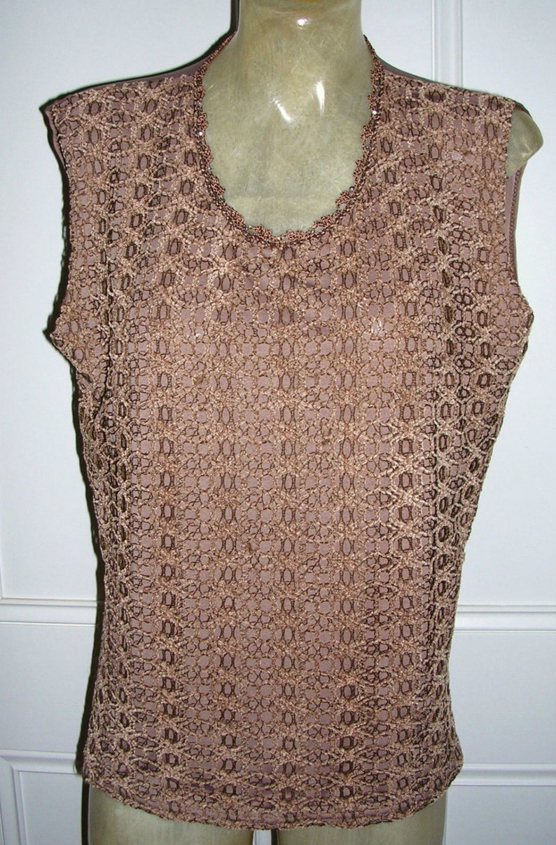 ft Vintage 80/'s chocolate brown velvety crocheted /& beaded embellished stunning ladies twinset top + cardigan lovely buttons size: medium