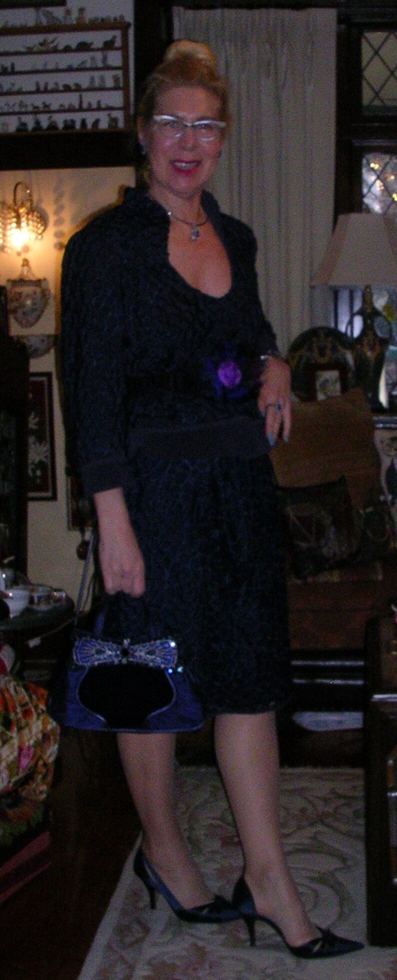 size Australia Vintage 1990/'s navy blue satin lined corded lacejersey 2 piece button-up pencil skirt suit by George Gross medium 14