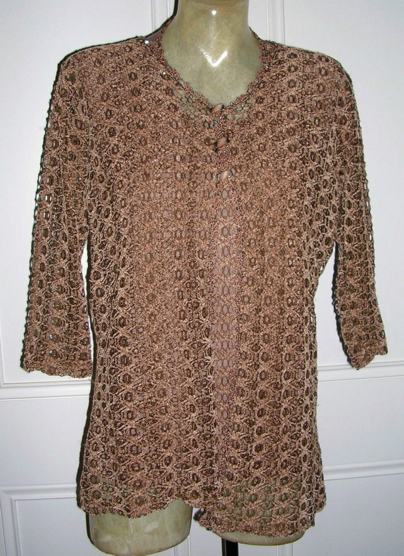 ft Vintage 80/'s chocolate brown velvety crocheted /& beaded embellished stunning ladies twinset top + cardigan lovely buttons size: medium