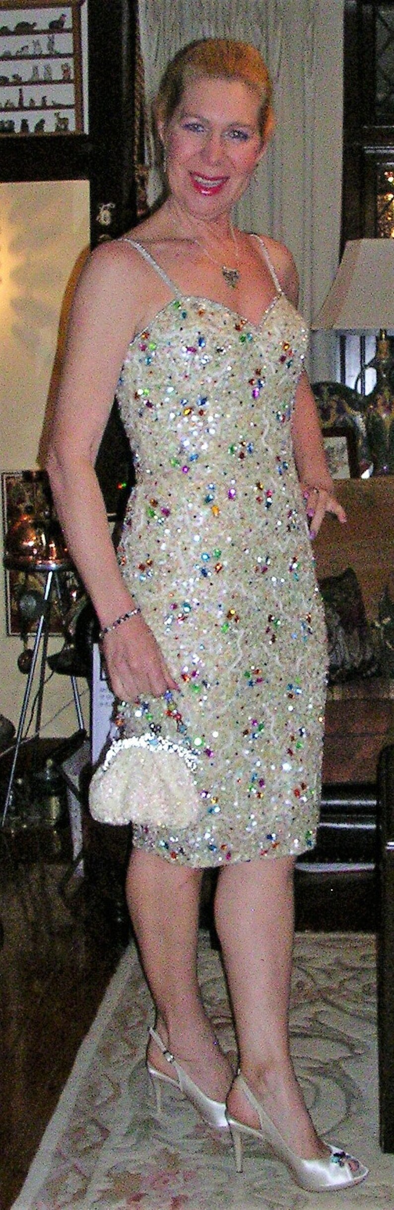 bag /& shawl SMALL Vintage 1980s cream sequin satin jewel embellished Monroe style wiggle dress by Oleg Cassini Black Tie matching shoes