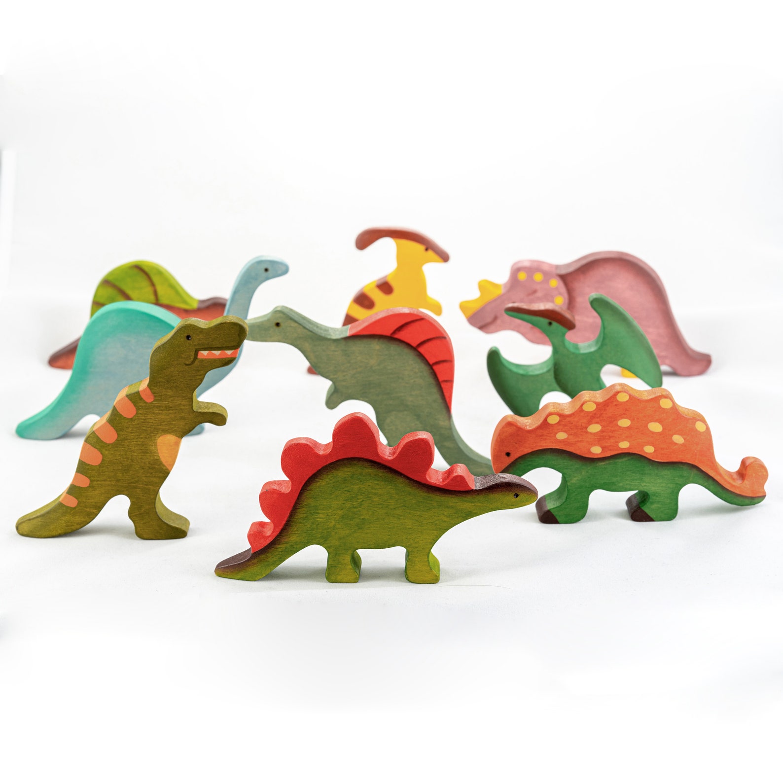 Wooden Dinosaurs Toy Set 9 Items Animal Toys Waldorf Wooden Etsy