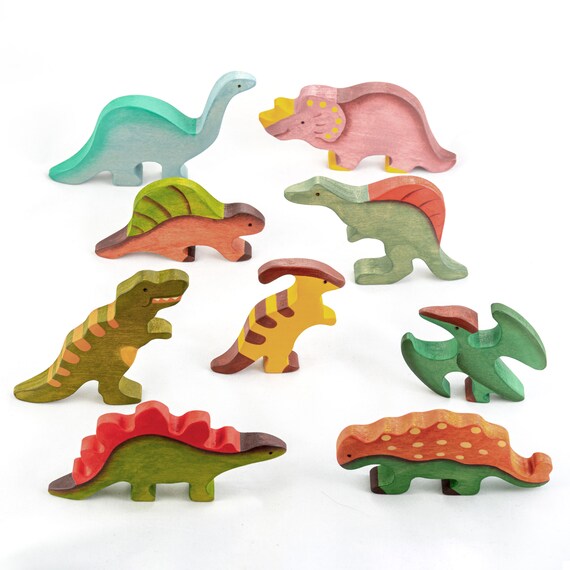 Wooden Dinosaurs Toy Set 9 Items Animal Toys Waldorf Wooden Etsy